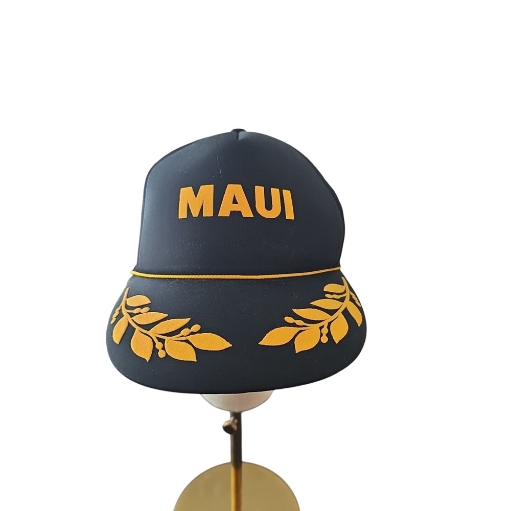 SnapBack Men Black Yellow Vtg Maui‎ Mesh Trucker Hat Cap Leaf Hawaiian Headwear
